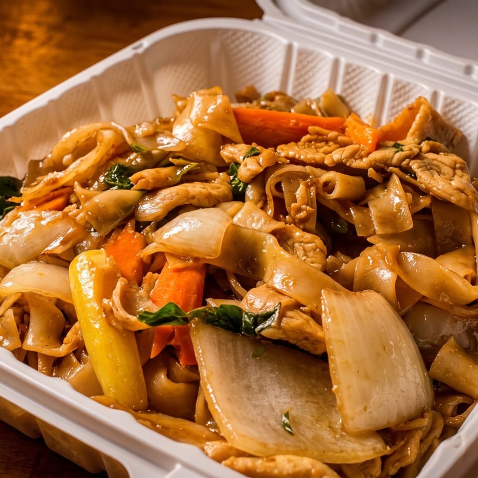 Close-up of Pad See Ew with wide noodles, chicken, and vegetables in a white takeout container.