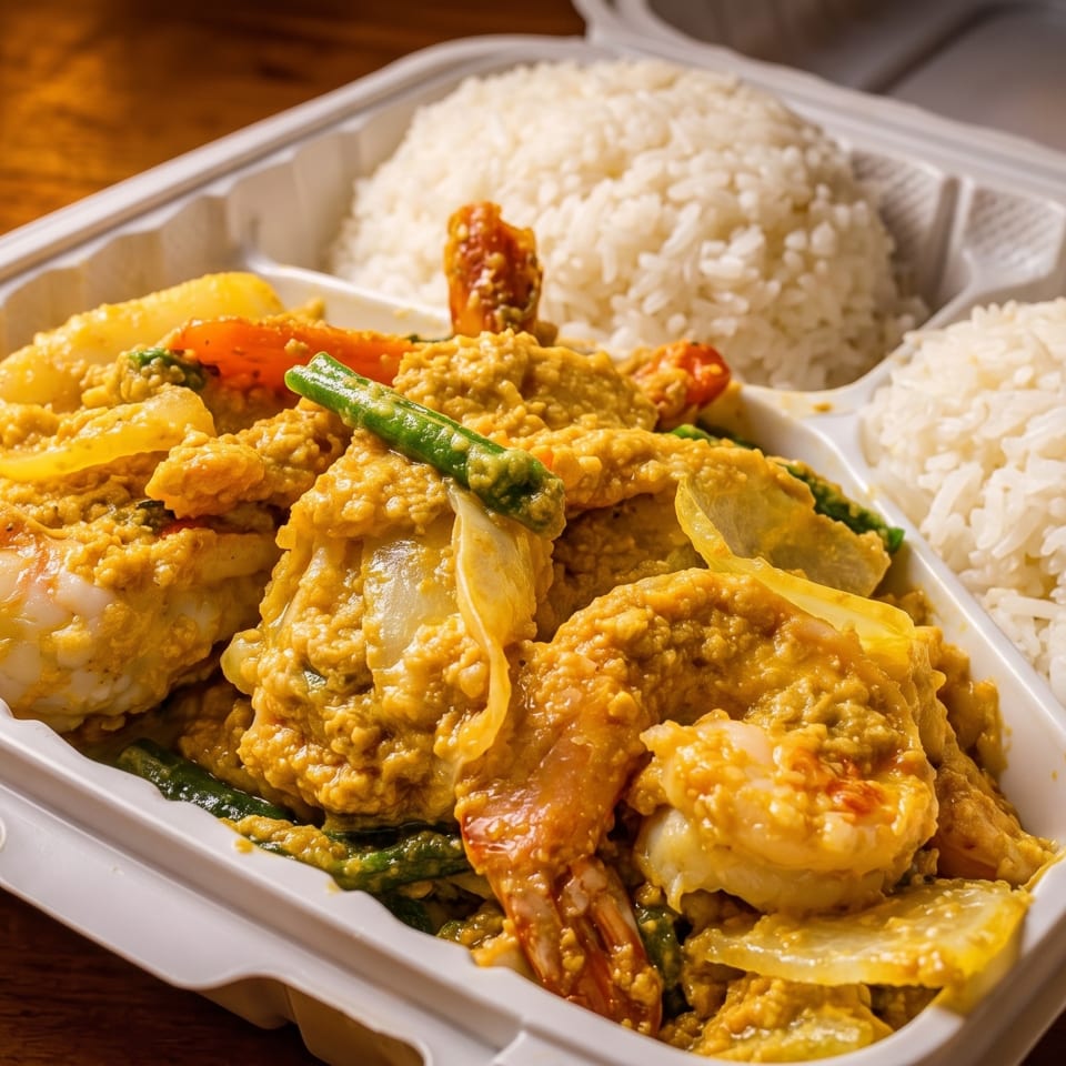 Shrimp curry with green beans, onions, and bell peppers, served with white rice in a takeout container.