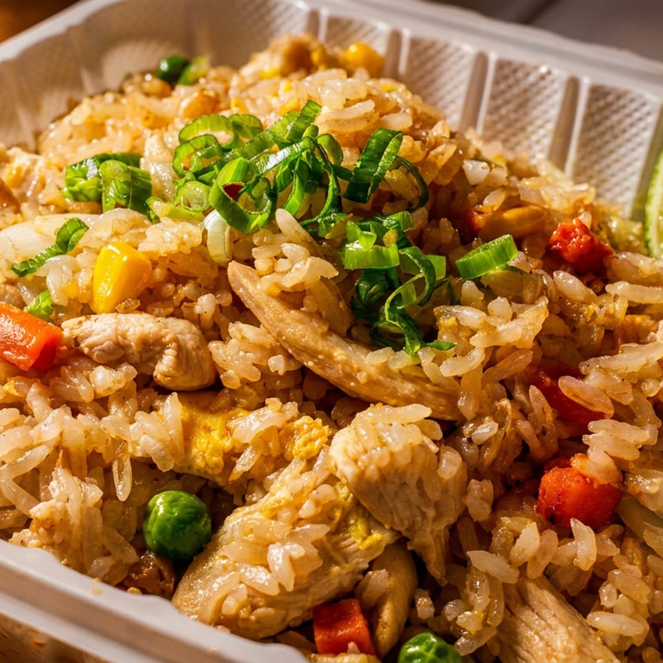 Chicken fried rice with peas, carrots, corn, and scallions, served with a lime wedge in a takeout container.