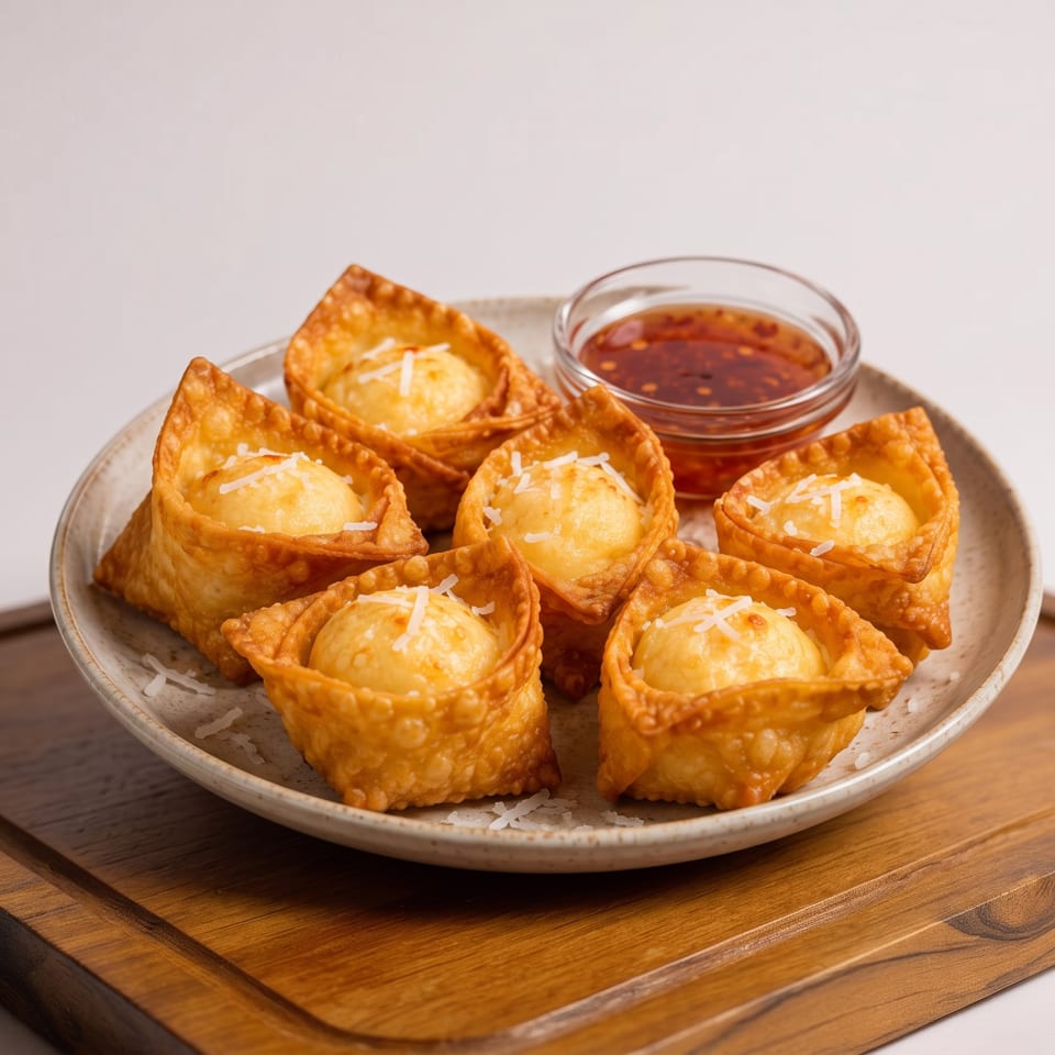Golden fried pastry cups filled with round cheese-topped bites, served with red dipping sauce on a ceramic plate.